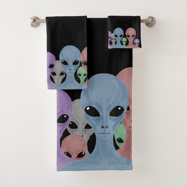 Unique Hand Drawn Multi Coloured Aliens  Bath Towel Set (Insitu)