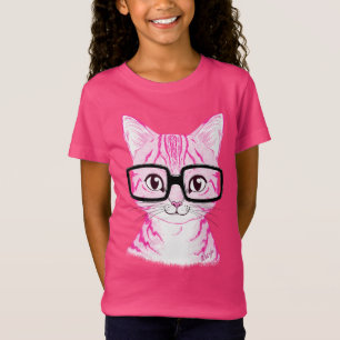 Unique Hand Drawn Nerdy Cat Art Girl's Ruffle Tee