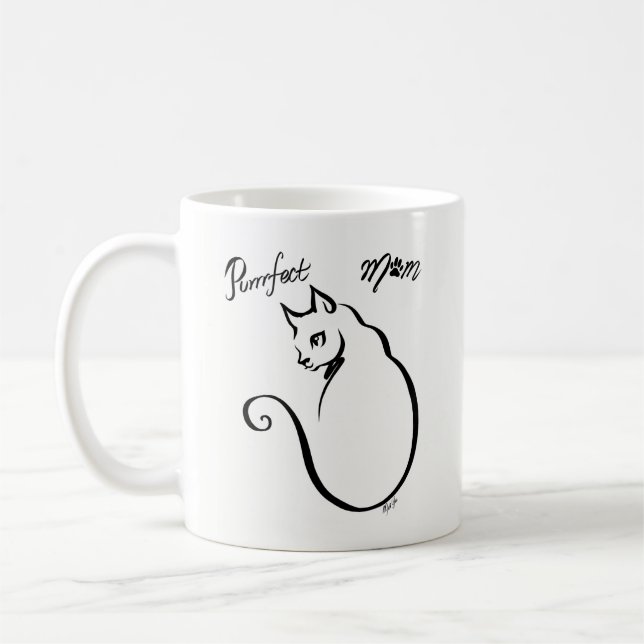 Unique Hand Drawn Perfect Mum Cat Art Mug (Left)