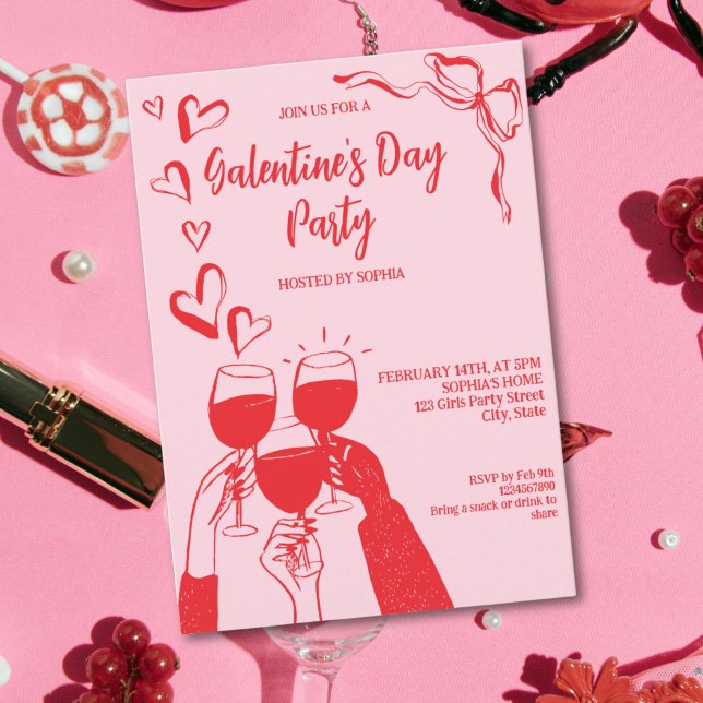 Unique Hand Drawn Pink Red Galentine's Day Party Invitation (Unique Hand Drawn Pink Red Galentine's Day Party Invitation)