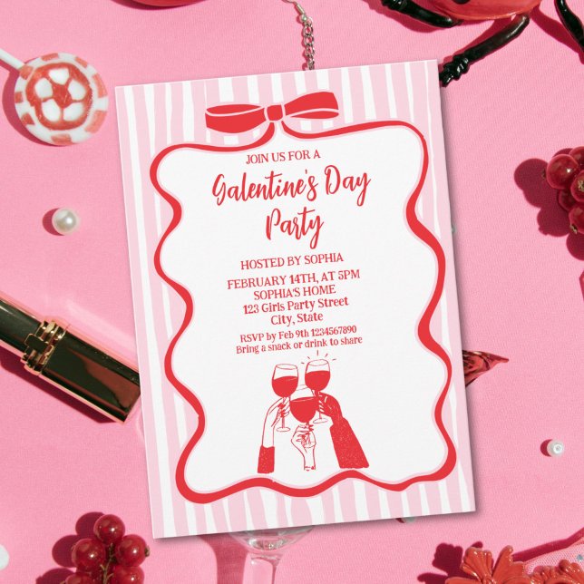 Unique Hand Drawn Pink Red Galentine's Day Party Invitation (Whimsy Hand Drawn Pink Red Galentine's Day Party Invitation)