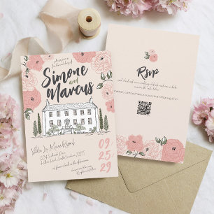 Unique Hand Drawn Villa Pink Green Floral Wedding Invitation