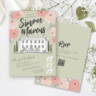 Unique Hand Drawn Villa Sage Green Floral Wedding  Invitation
