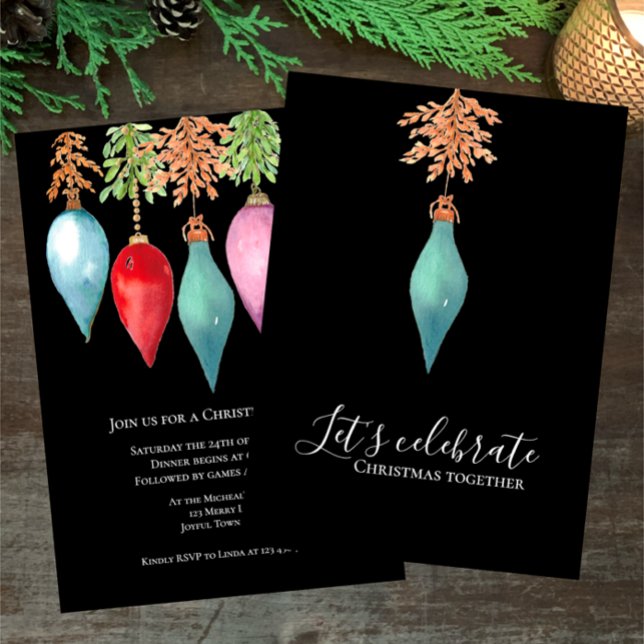 Unique Hand Painted Watercolor Christmas Party Invitation (Unique Custom Hand painted watercolor Christmas Party Invitation. Elegant, fun celebrate together.)