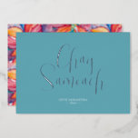 Unique Happy Hanukkah Cards<br><div class="desc">These trendy non photo Hanukkah cards feature the words "Chag Sameach" in elegant gold foil script typography. Use the template fields to add your personalisation. The card reverses to a colourful watercolor poinsettia floral pattern. A unique and bright choice for your holiday greeting cards. To see more designs like this...</div>