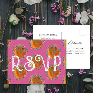 Unique Hot Pink Watercolor Wildflower Wedding RSVP Postcard