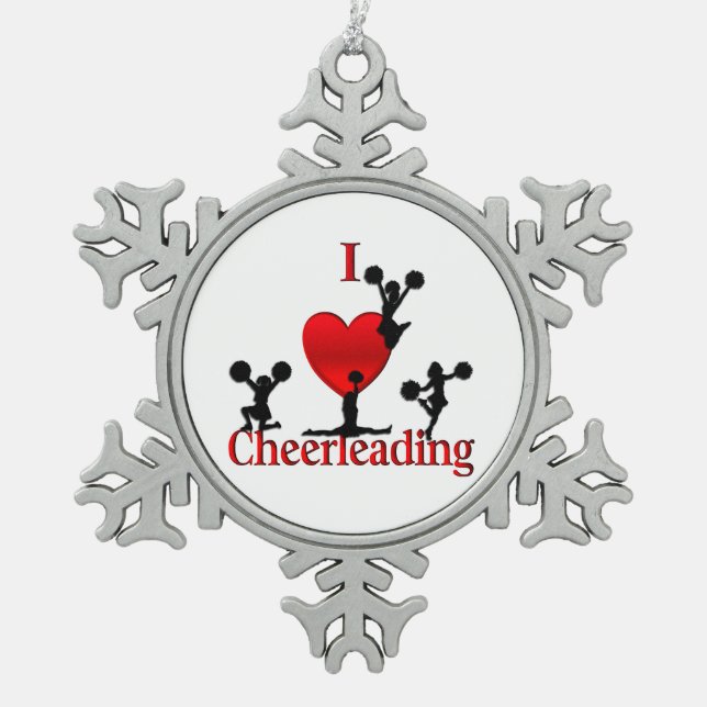 Unique I Heart Cheerleading Design Snowflake Pewter Christmas Ornament (Front)