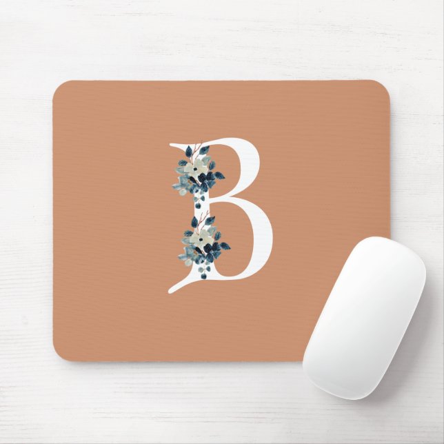 Unique initial blue floral Beige simple cute colou Mouse Pad (With Mouse)