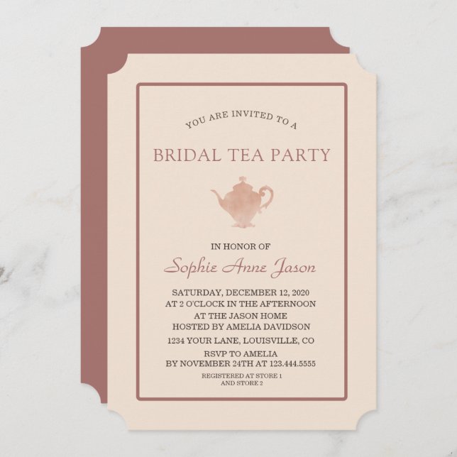 Unique Ivory Dark Peach Bridal Shower Tea Party Invitation (Front/Back)