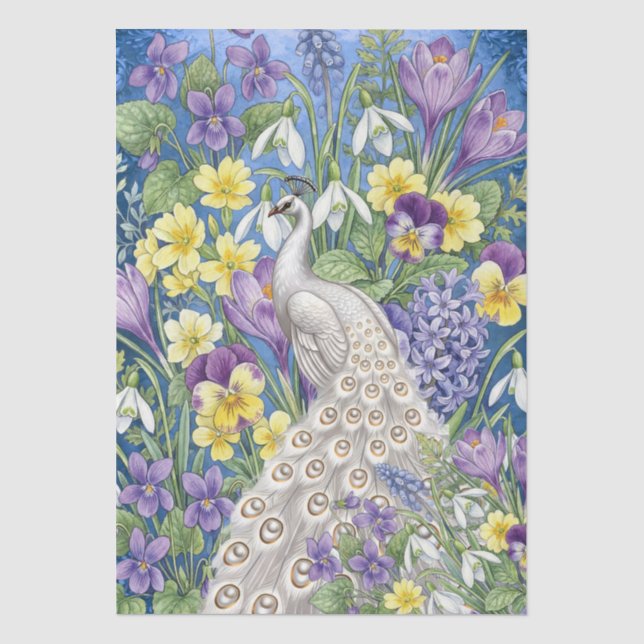 Unique Large Floral White Peacock Decoupage Tissue Paper (Front)