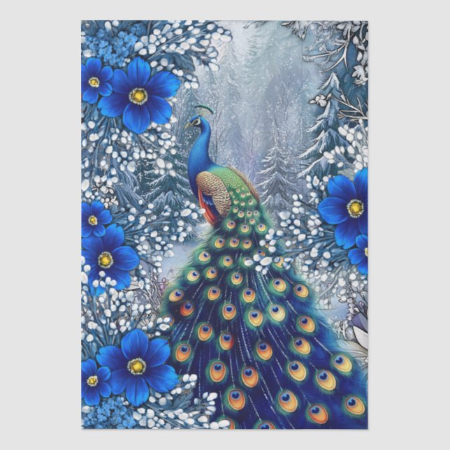 Unique Large Winter Floral Peacock Decoupage Tissue Paper (Front)