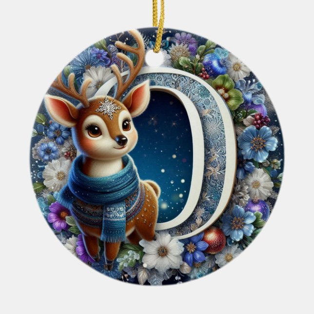 Unique Letter O, reindeer, Christmas  Ceramic Tree Decoration (Front)