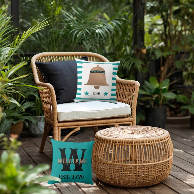 Unique Liberty Bell USA Copper & Turquoise Striped Cushion (Creator Uploaded)