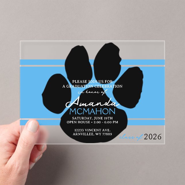 Unique Light Blue & Black Graduation Pawprint Acrylic Invitations (Insitu (Handheld))