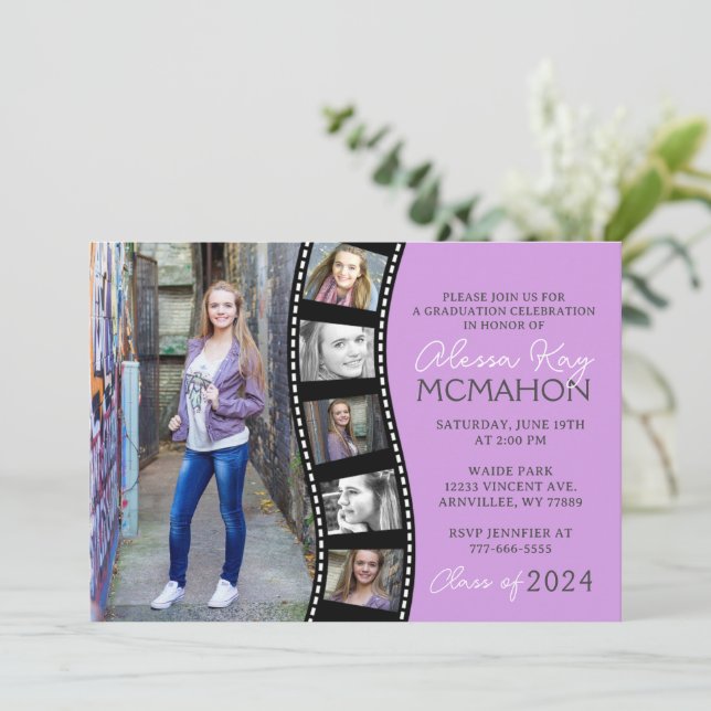 Unique Light Purple Filmstrip 6 Photo Graduation Invitation (Standing Front)