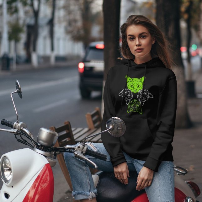 Unique Lime White Kitty Head On Black Hoodie (Creator Uploaded)