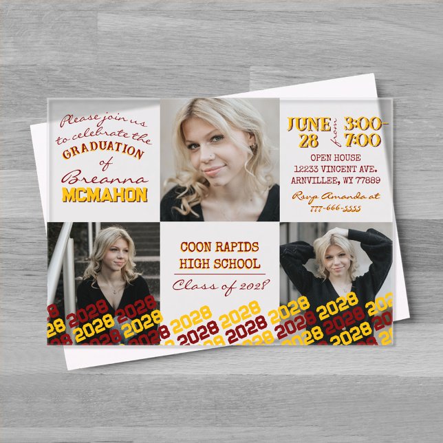 Unique Maroon & Gold Graduation 3 Photo Frosted  Acrylic Invitations (Unique Gold Yellow and Maroon 3 Photo Graduation Invitation)