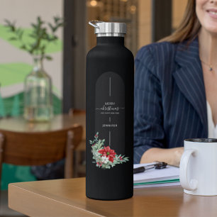 Unique Merry Christmas Floral Minimalist Custom  Water Bottle