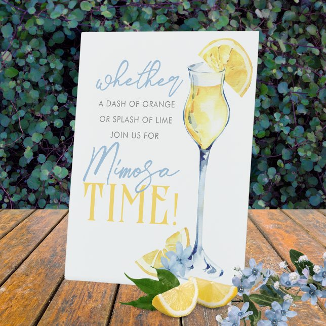 Unique Mimosa Bar Watercolor Lemon Standing Pedestal Sign (Lemons and Blue Flowers Mimosa Pedestal Sign. Perfect for a Lemon Baby Shower or Main Squeeze Bridal)