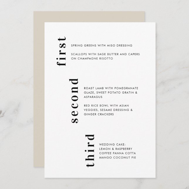 Unique Minimal Beige Vertical Text Wedding Menu (Front/Back)