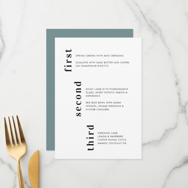 Unique Minimal Turquoise Vertical Text Wedding Menu (Front/Back In Situ)