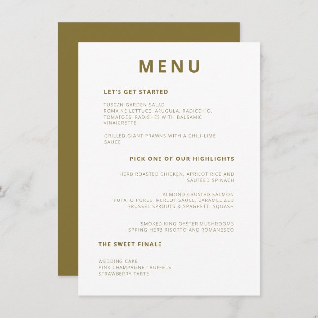 Unique Minimal Typography Olive Green Wedding Menu (Front/Back)