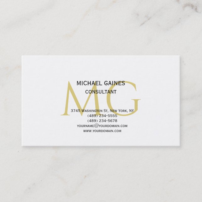 Unique Minimalist Plain Gold Colour Monogram White Business Card (Front)