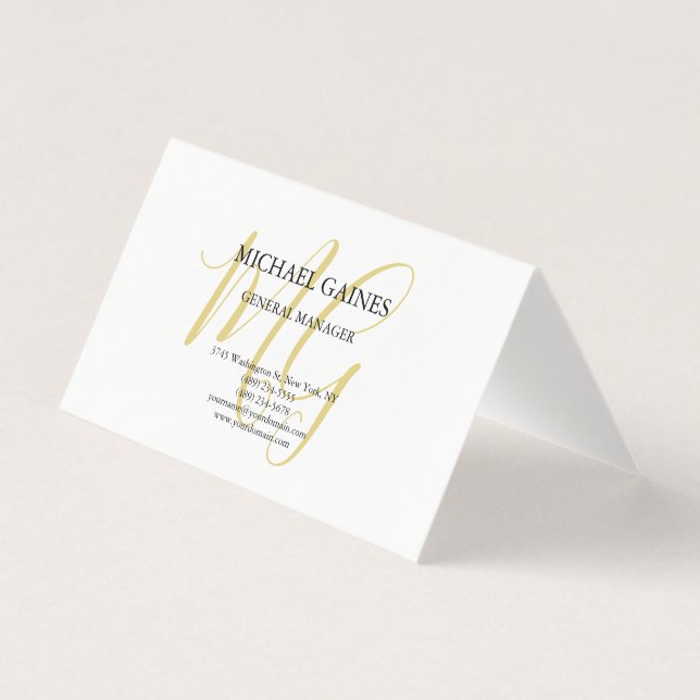 Unique Minimalist Plain Gold Colour Monogram White Business Card (Front)