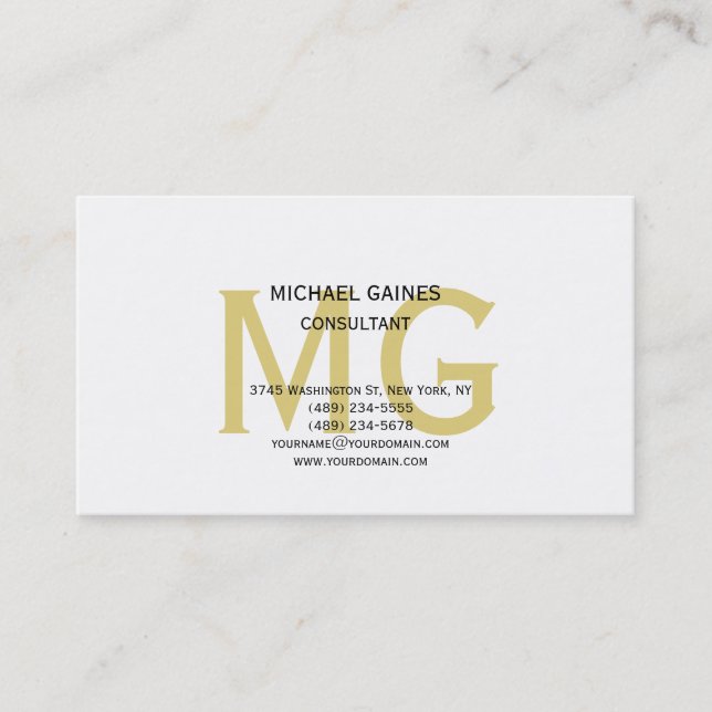 Unique Minimalist Plain Gold Colour Monogram White Business Card (Front)