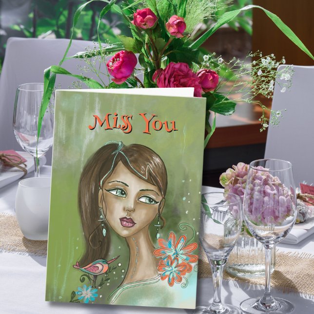 Unique "Miss You" Card with Floral Girl & Bird (Unique "Miss You" Card with Floral Girl & Bird)