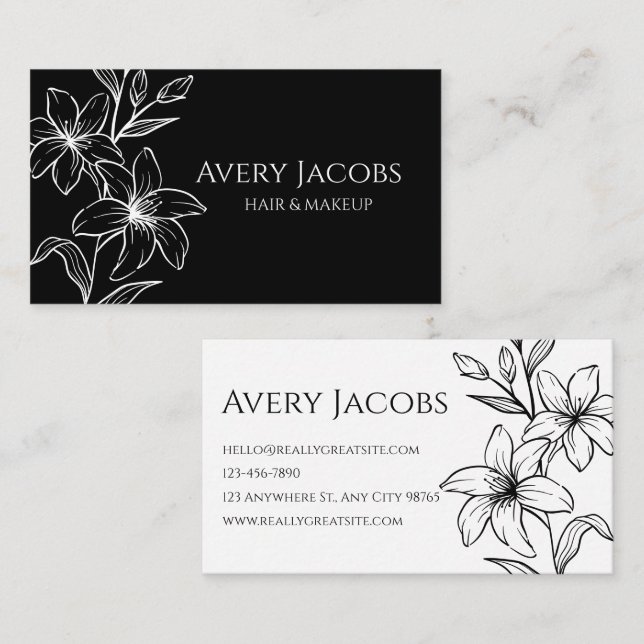 Unique Modern Black and White Boho Floral  Business Card (Front/Back)