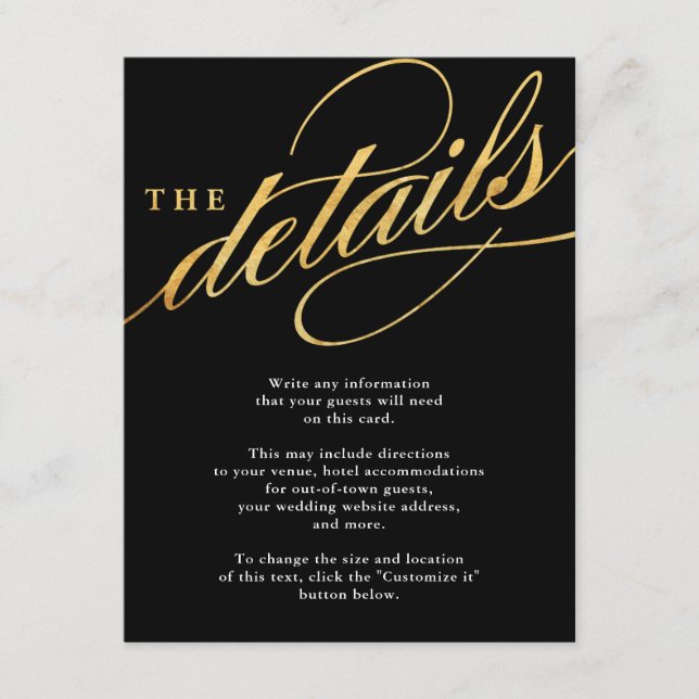 Unique Modern Black & Gold Script Insert Cards (Front)