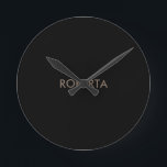Unique Modern Black Grey Add Own Name Round Clock<br><div class="desc">Are you looking for a simple, minimalist, attractive design? This design that will grab people's attention right away, but not too complicated, is for you.</div>