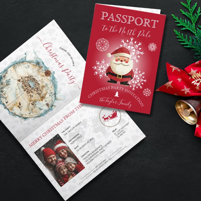 Unique Modern Christmas North Pole Passport Party Invitation (christmas passport invitation, red cover with snowflakes and santa illustration)