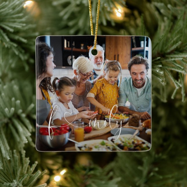 Unique Modern Family Photo Heart Script Typography Ceramic Ornament (Tree)