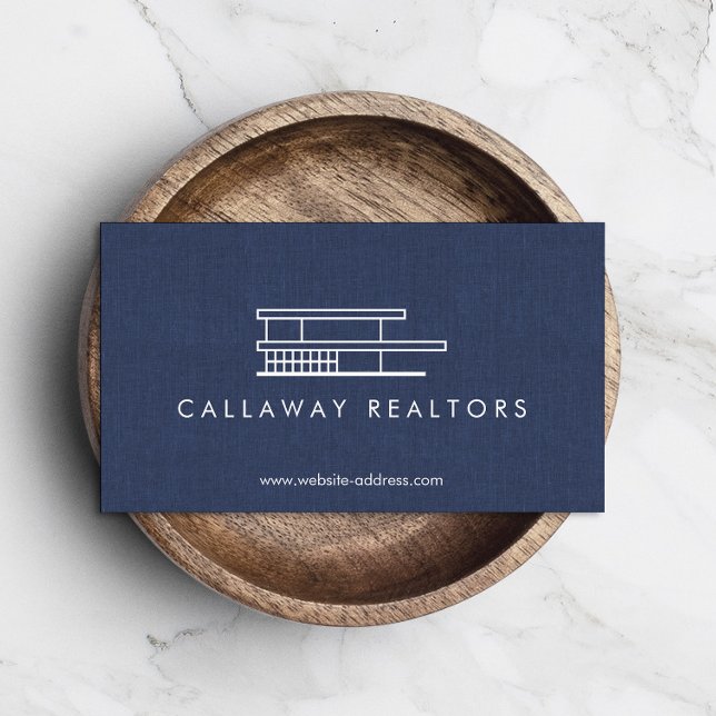 Unique Modern Home Logo on Navy Linen Real Estate Business Card (Creator Uploaded)