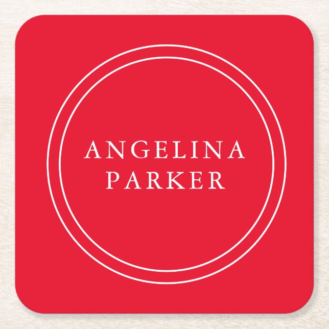 Unique Modern Minimalist Plain Red Your Name Square Paper Coaster (Front)
