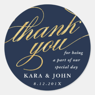 Unique Modern Navy & Gold Script Thank You Favour Classic Round Sticker