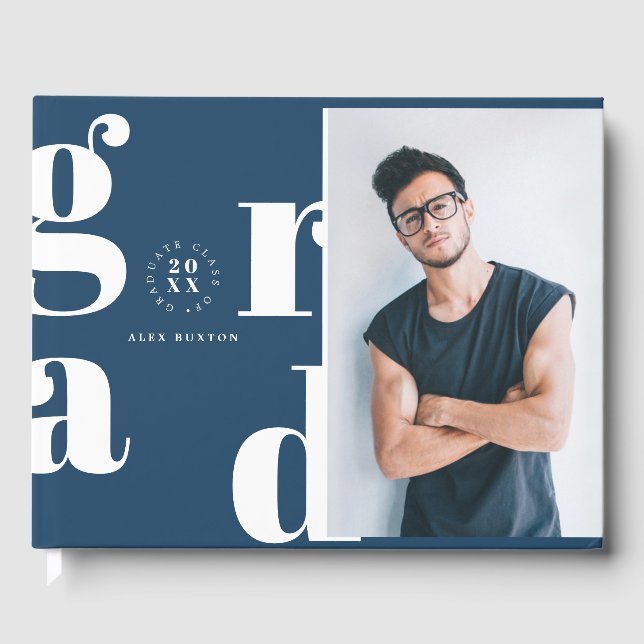 Unique Modern Navy Photo Graduation Party Guest Book (Front)