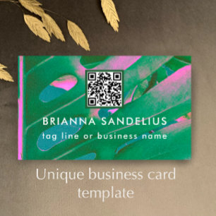 Unique Modern Pink & Green Botanical QR Code Business Card
