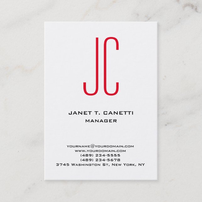 Unique modern plain simple white red monogram business card (Front)