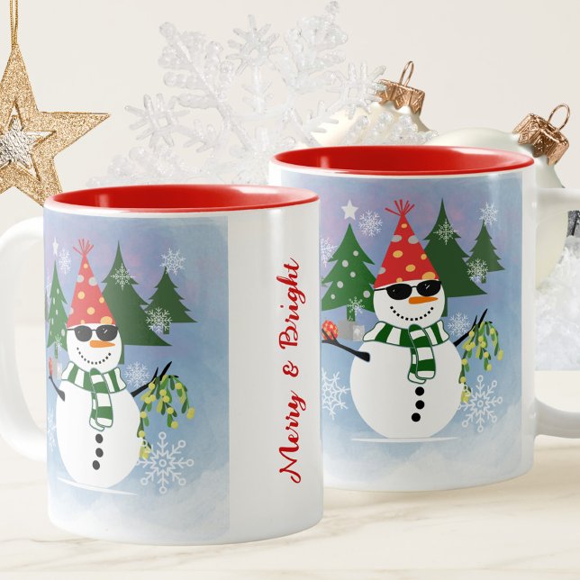 Unique Modern Stylish Snowman Snowflakes Christmas Two-Tone Coffee Mug (Creator Uploaded)