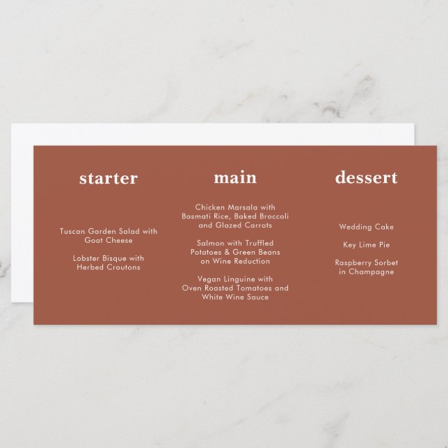 Unique Modern Terracotta Horizontal Wedding Menu (Front/Back)