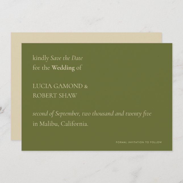 Unique Modern Typography Olive Green Wedding Save The Date (Front/Back)