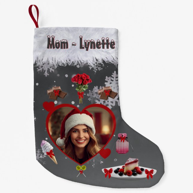 Unique Mom Loves Sweets Roses and Perfume Photo Small Christmas Stocking (Front)