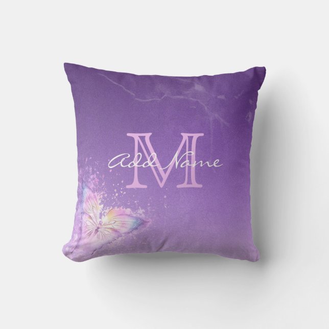 Unique Monogram Purple Butterfly Watercolor Girl Cushion (Front)
