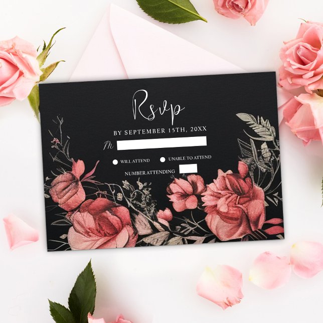 Unique Moody Gothic Floral Black Wedding RSVP Card (Unique Moody Gothic Floral Black Wedding RSVP Card)