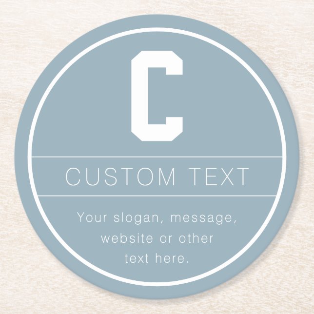 Unique Name & Monogram Template | Dusty Blue Round Paper Coaster (Front)
