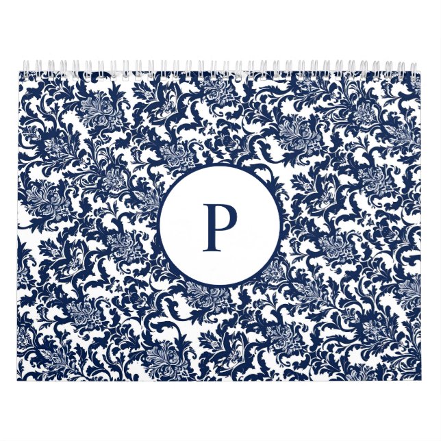 Unique Navy Blue Damask Pattern Calendar (Cover)