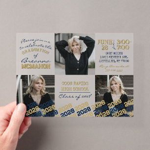 Unique Navy Blue & Gold Graduation 3 Photo Frosted Acrylic Invitations